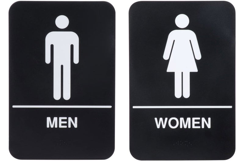 AborenCo ADA Men and Women Restrooms Sign Set with Braille Toilet Door Plate for Business Restaurant, 6" x 9" (Men and Women Set Black) - Image 1